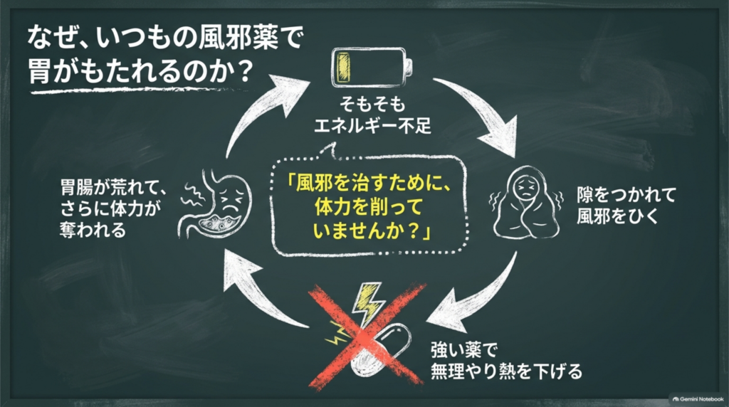 なぜいつもの風邪薬で胃がもたれるのか?エネルギー不足→風邪→強い薬→胃腸が荒れてさらに体力が奪われる悪循環