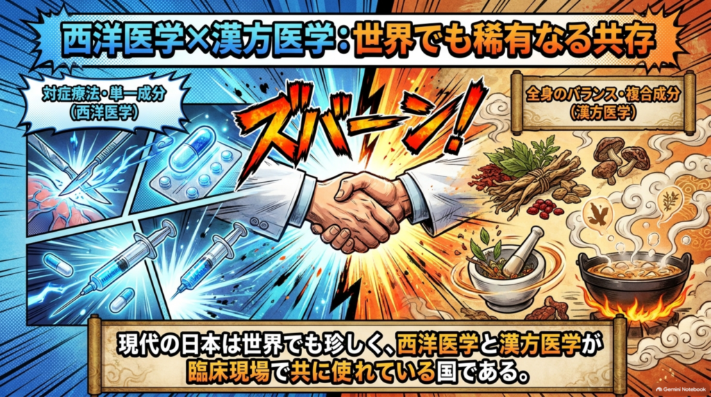 西洋医学×漢方医学：対症療法・単一成分と、全身のバランス・複合成分。世界でも稀有な共存
