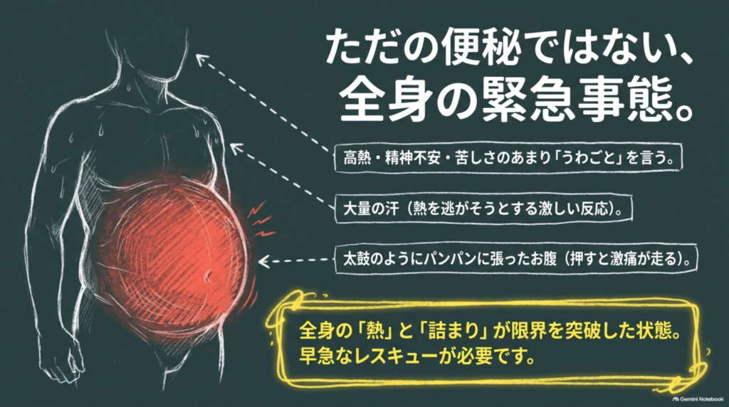 ただの便秘ではない、全身の緊急事態。高熱・精神不安・うわごと、大量の汗、太鼓のようにパンパンに張ったお腹