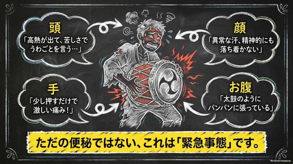 頭は高熱でうわごと、顔は異常な汗、お腹は太鼓のようにパンパン、少し押すだけで激しい痛み。ただの便秘ではない「緊急事態」