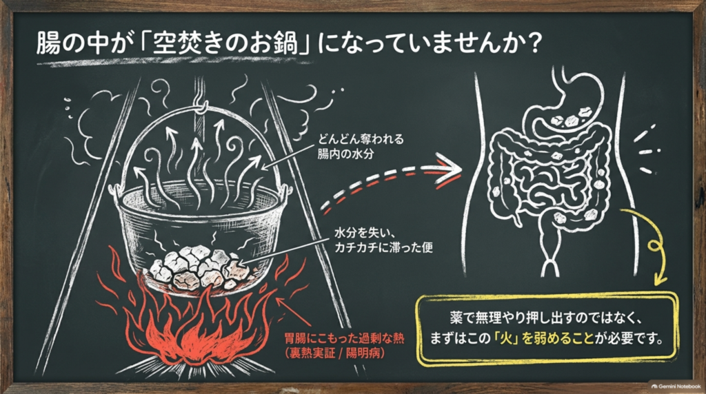 腸の中が「空焚きのお鍋」になっていませんか？胃腸にこもった過剰な熱で腸内の水分が奪われ、便がカチカチに滞る