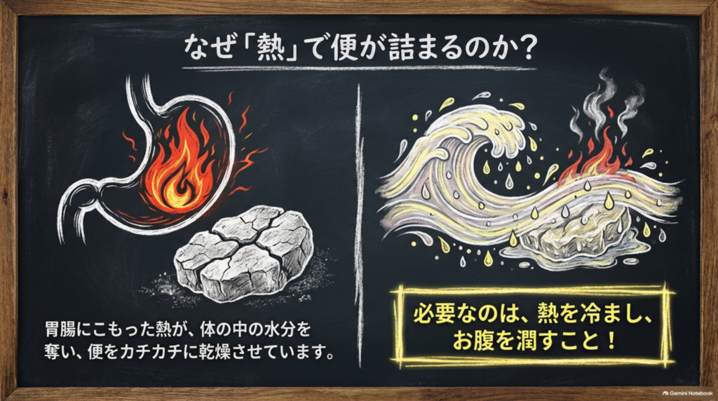 なぜ「熱」で便が詰まるのか？胃腸にこもった熱が水分を奪い便を乾燥させる。必要なのは熱を冷まし、お腹を潤すこと