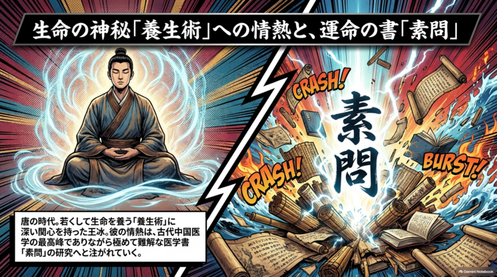 生命の神秘「養生術」への情熱と、運命の書「素問」。若くして養生術に深い関心を持った王冰は難解な医学書「素問」の研究へ