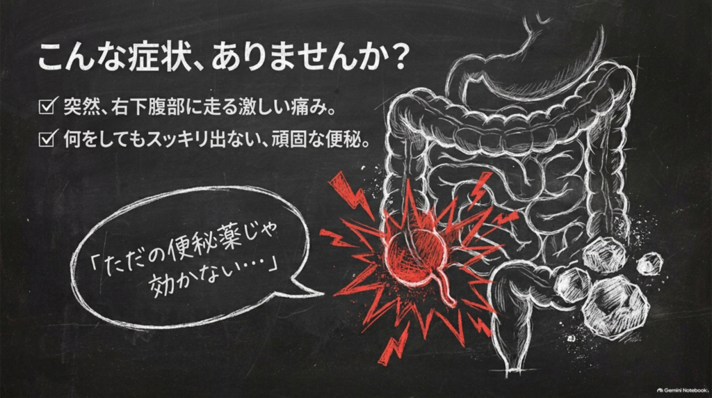 こんな症状ありませんか？突然右下腹部に走る激しい痛み、何をしてもスッキリ出ない頑固な便秘