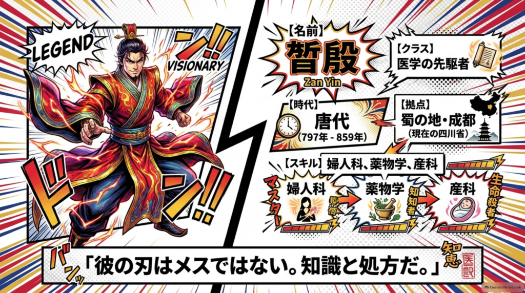 昝殷（Zan Yin）のプロフィール。唐代797年〜859年、拠点は蜀の地・成都。婦人科・薬物学・産科に精通した医学の先駆者