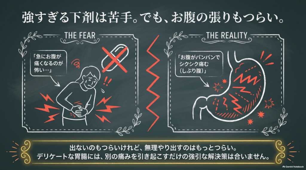 強すぎる下剤は苦手。でもお腹の張りもつらい。急にお腹が痛くなるのが怖い一方で、お腹がパンパンでシクシク痛む(しぶり腹)