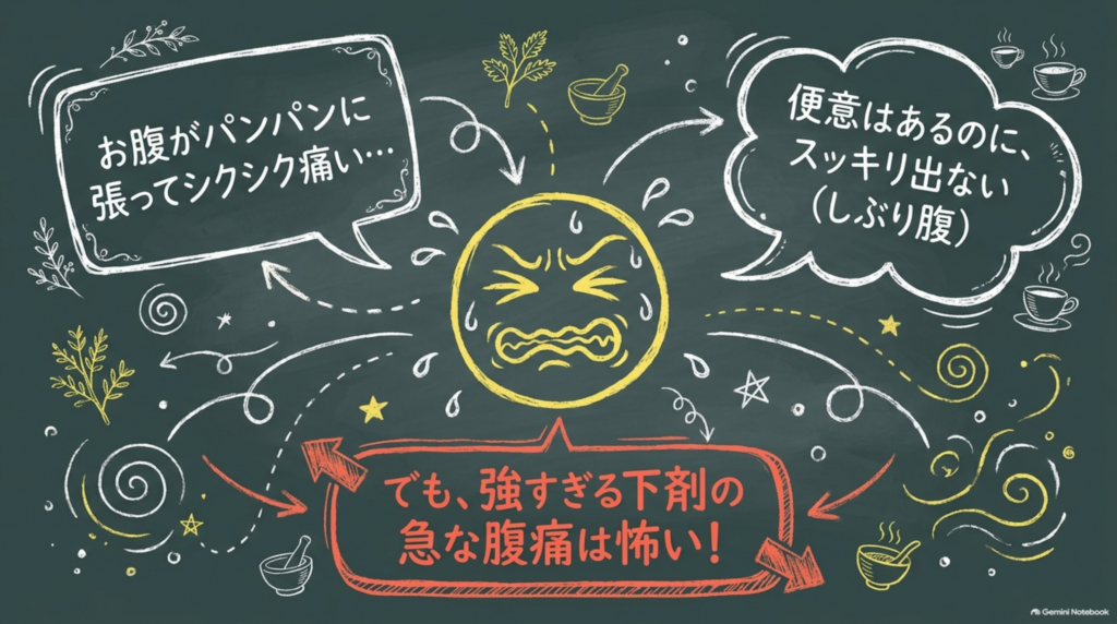 お腹がパンパンに張ってシクシク痛い、便意はあるのにスッキリ出ない(しぶり腹)。でも強すぎる下剤の急な腹痛は怖い