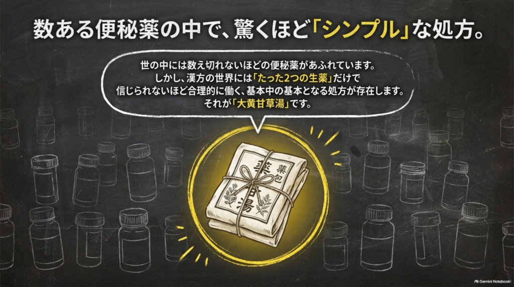 数ある便秘薬の中で、驚くほどシンプルな処方。たった2つの生薬だけで合理的に働く、基本中の基本となる大黄甘草湯