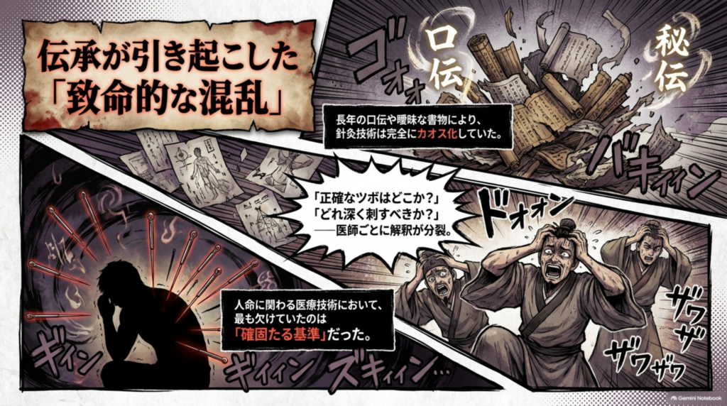 伝承が引き起こした致命的な混乱。正確なツボはどこか、どれほど深く刺すべきか、医師ごとに解釈が分裂していた