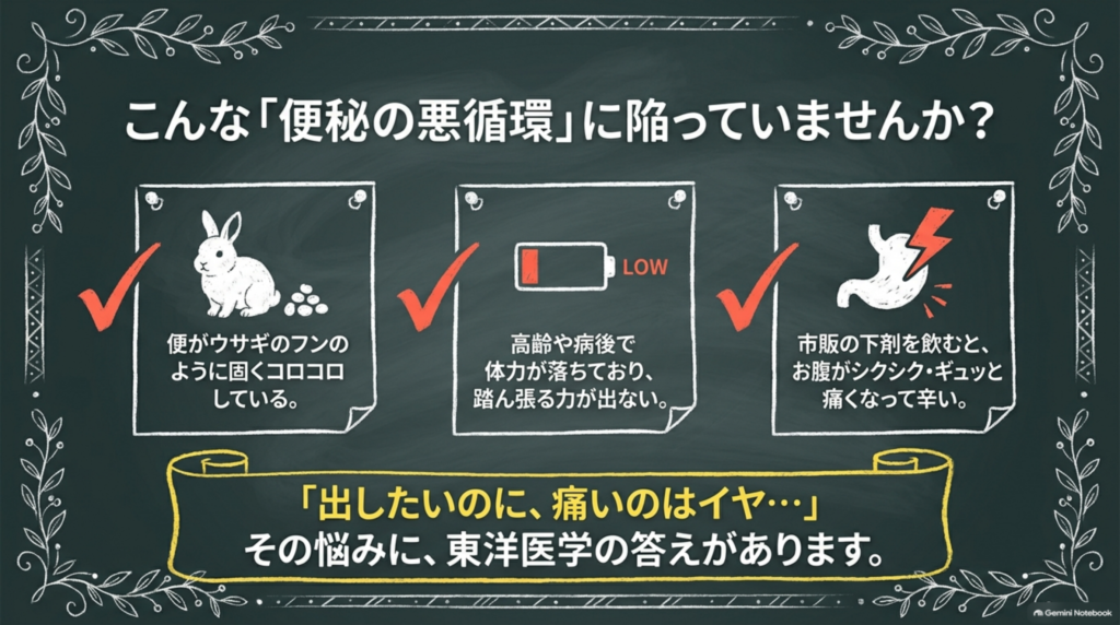 便秘の悪循環：便がウサギのフンのようにコロコロ、高齢や病後で体力が落ちている、市販の下剤を飲むとお腹が痛くなる