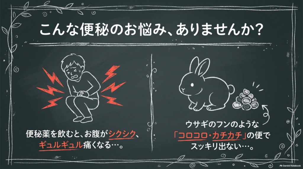 便秘薬を飲むとお腹がシクシク痛くなる、ウサギのフンのようなコロコロ・カチカチの便でスッキリ出ない