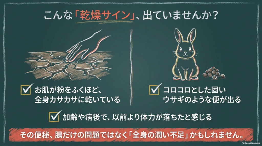 こんな乾燥サイン出ていませんか？全身の肌がカサカサ、ウサギのような硬いコロコロ便、加齢や病後で体力が落ちた。その便秘は全身の潤い不足かもしれない