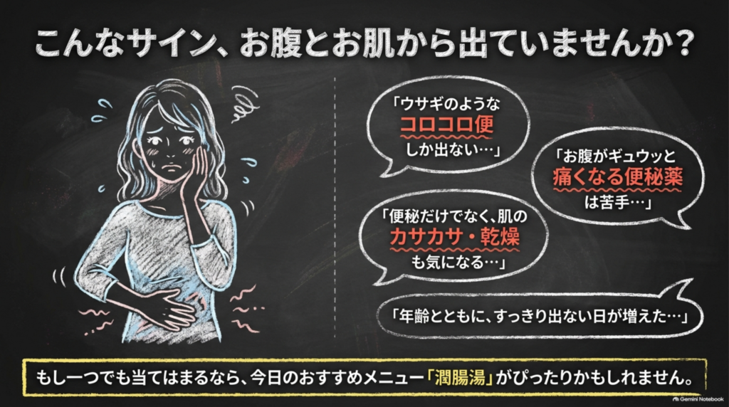 お腹とお肌のサイン：コロコロ便しか出ない、便秘薬でお腹が痛くなるのは苦手、肌のカサカサも気になる、年齢とともにスッキリ出ない日が増えた