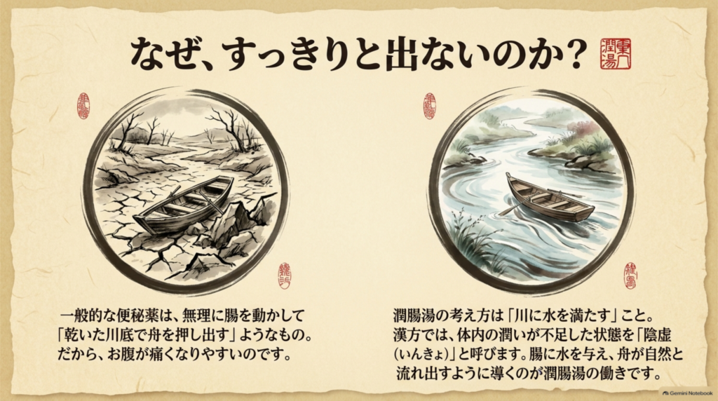 なぜスッキリ出ないのか。潤腸湯の考え方は「川に水を満たす」こと。体の潤いが不足した陰虚の状態に水を与え、自然に流れ出すよう導く