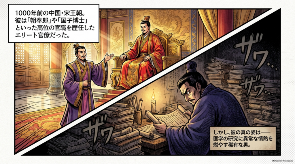 1000年前の中国・宋王朝で朝奉郎や国子博士といった高位の官職を歴任したエリート官僚。しかし彼の真の姿は医学の研究に情熱を燃やす人物だった