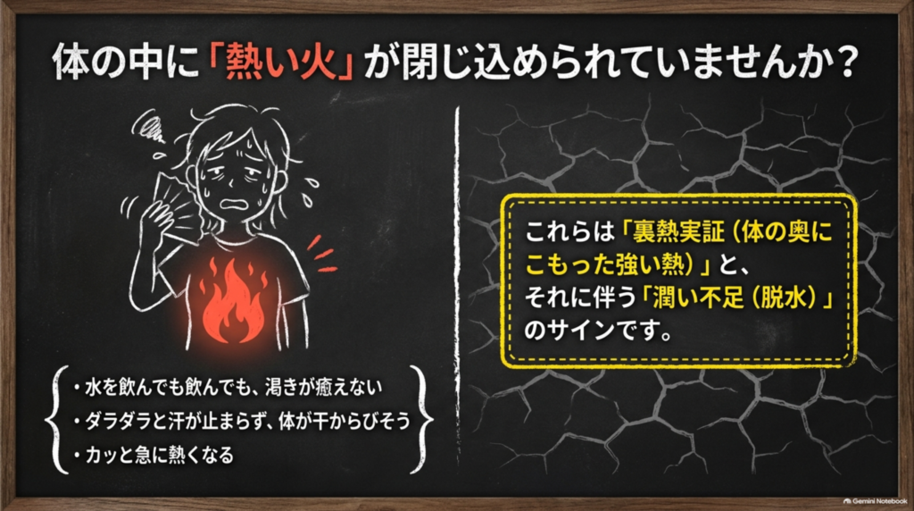 体の中に熱い火が閉じ込められていませんか?水を飲んでも渇きが癒えない、汗が止まらない、カッと急に熱くなる。裏熱実証と潤い不足のサイン