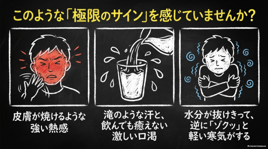極限のサイン:皮膚が焼けるような強い熱感、滝のような汗と飲んでも癒えない激しい口渇、水分が抜けきって逆にゾクッとする軽い寒気