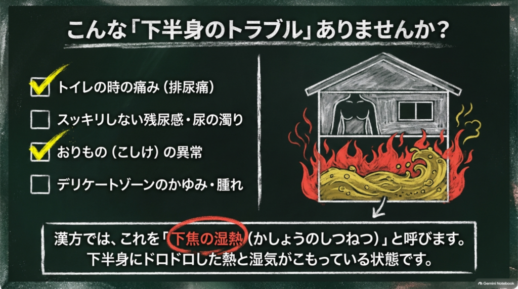 こんな下半身のトラブルはありませんか？排尿痛、残尿感・尿の濁り、おりものの異常、デリケートゾーンのかゆみ・腫れ。漢方ではこれを「下焦の湿熱（かしょうのしつねつ）」と呼びます