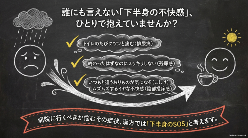 誰にも言えない下半身の不快感。トイレのたびの痛み、すっきりしない残尿感、いつもと違うおりものやかゆみは、漢方では「下半身のSOS」と考えます