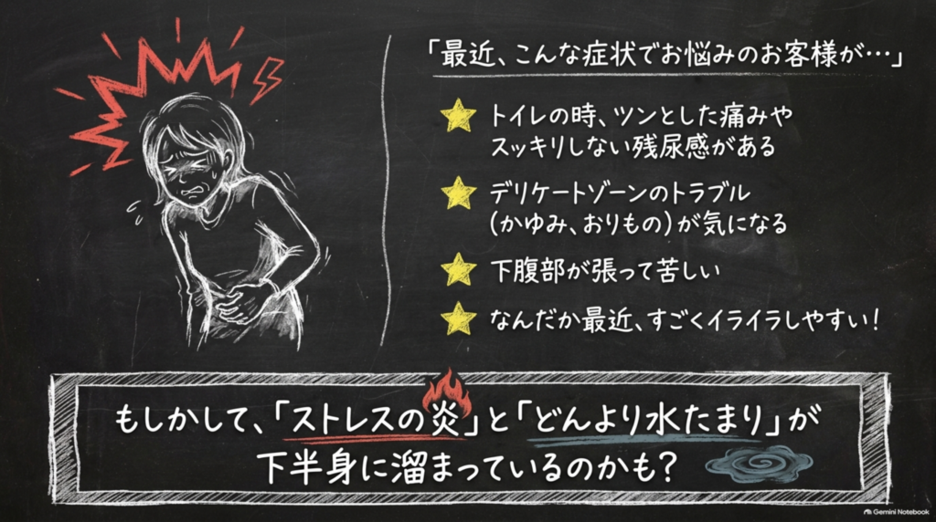 トイレの時の痛みや残尿感、デリケートゾーンのかゆみ、下腹部の張り、イライラ。ストレスの炎とよどんだ水たまりが下半身に溜まっているのかもしれません