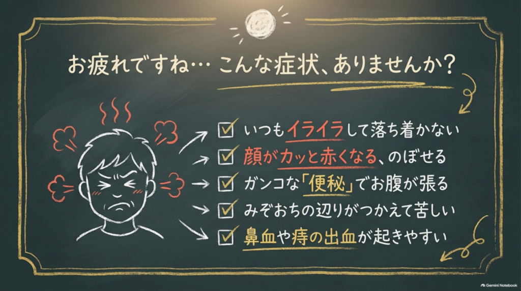 こんな症状はありませんか?いつもイライラ、顔がカッと赤くなる、ガンコな便秘でお腹が張る、みぞおちのつかえ、鼻血や痔の出血