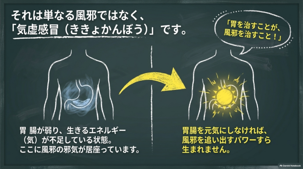 気虚感冒(ききょかんぼう)とは。胃腸が弱りエネルギーが不足したところに風邪の邪気が居座っている状態