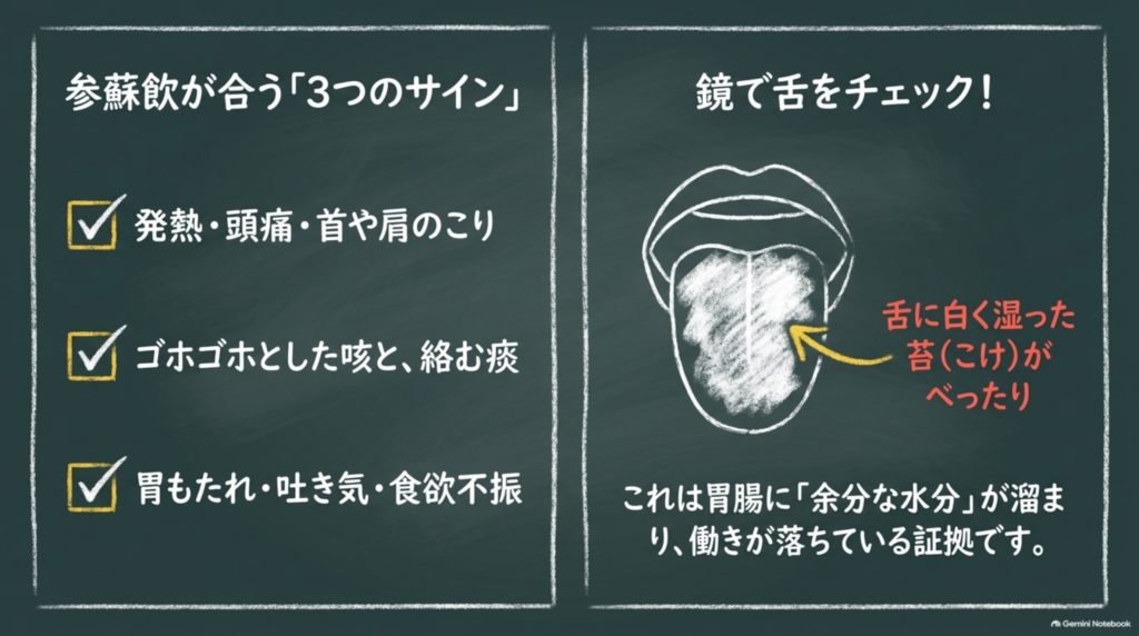 参蘇飲が合う3つのサイン:発熱・頭痛・首や肩のこり、ゴホゴホとした咳と絡む痰、胃もたれ・吐き気・食欲不振。舌に白く湿った苔