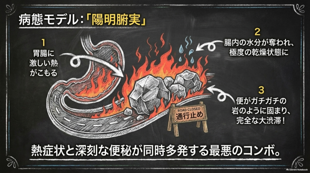 病態モデル「陽明腑実」：胃腸の熱、腸内の極度の乾燥、ガチガチの便による完全な大渋滞