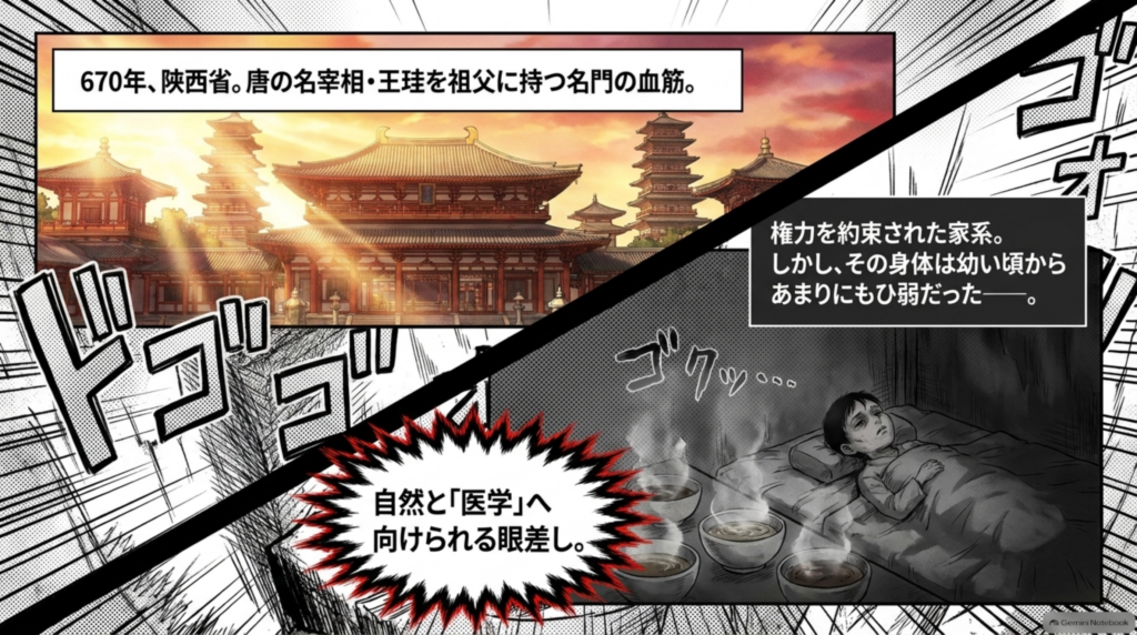 670年、陝西省。唐の名宰相・王珪を祖父に持つ名門の血筋。しかしその身体は幼い頃からあまりにも弱かった