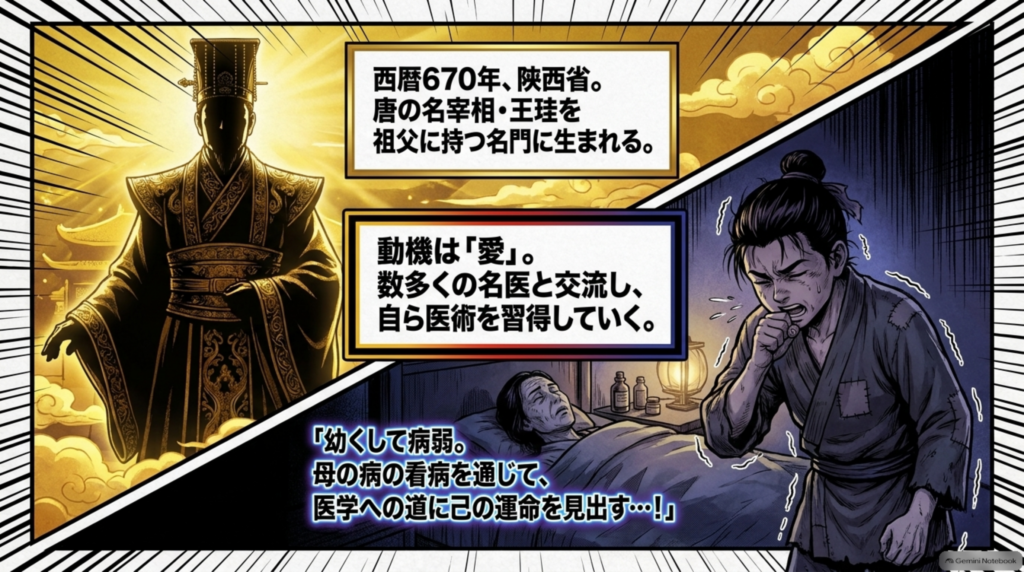 西暦670年、陝西省の名門に生まれる。幼くして病弱、母の病の看病を通じて医学の道へ。数多くの名医と交流し医術を習得