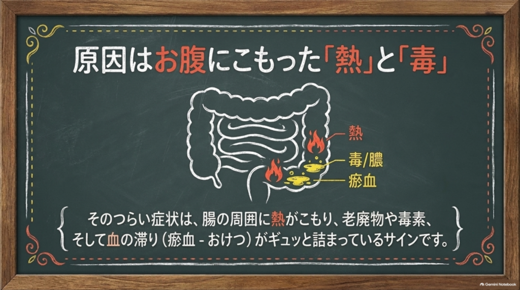 原因はお腹にこもった「熱」と「毒」。腸の周囲に熱がこもり、老廃物や瘀血がギュッと詰まっているサイン