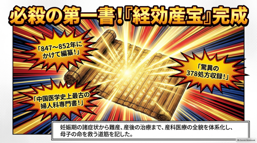 必殺の第一書『経効産宝』完成。847〜852年にかけて編纂、驚異の378処方を収録した中国医学史上最古の婦人科専門書
