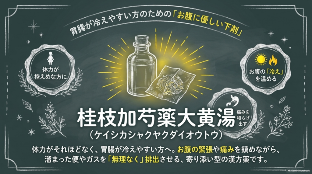 胃腸が冷えやすい方のための「お腹に優しい下剤」桂枝加芍薬大黄湯。お腹の緊張や痛みを鎮めながら、溜まった便やガスを無理なく排出させる