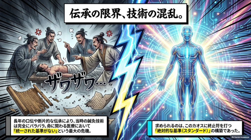 伝承の限界、技術の混乱。長年の口伝や断片的な伝承により鍼灸技術はバラバラで、統一された基準が求められていた