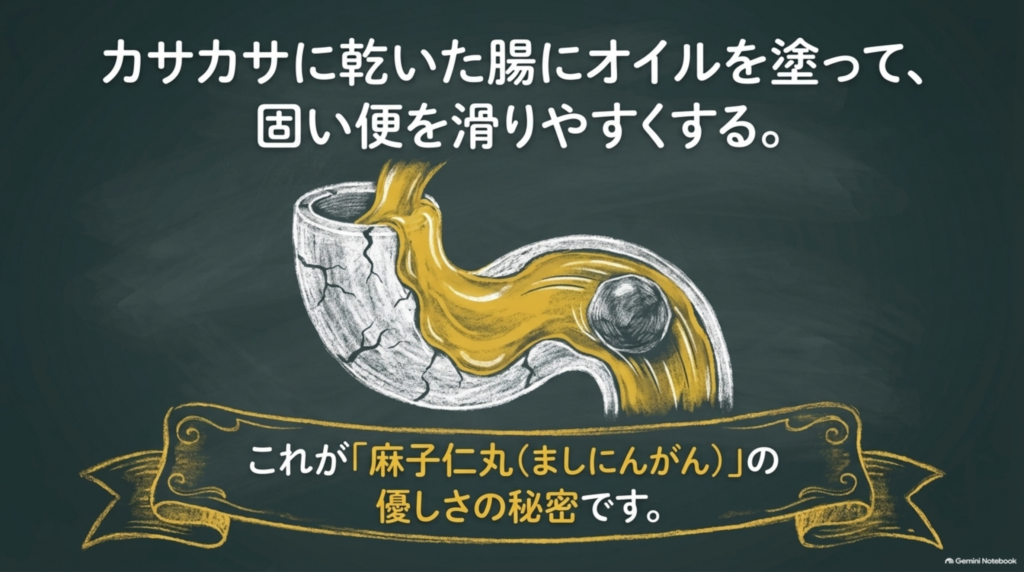カサカサに乾いた腸にオイルを塗って、硬い便を滑りやすくする。これが麻子仁丸の優しさの秘密