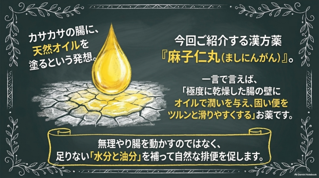 麻子仁丸は、乾燥した腸の壁に油分で潤いを与え、硬い便を滑りやすくするお薬。足りない水分と油分を補って自然な排便を促す