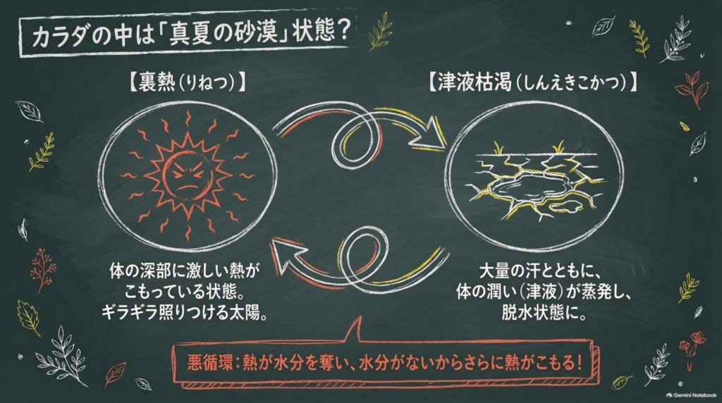 体の中は真夏の砂漠状態。体の深部に激しい熱がこもる「裏熱」と、大量の汗とともに潤いが蒸発する「津液枯渇」の悪循環