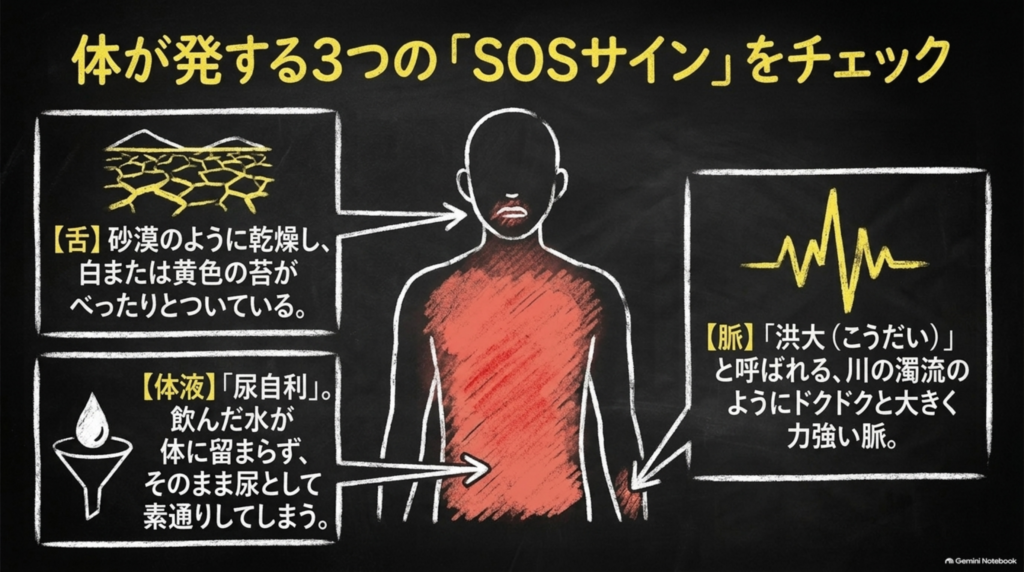 体が発する3つのSOSサイン:舌は乾燥して白または黄色の苔、脈は洪大(こうだい)、飲んだ水がそのまま尿として出る尿自利