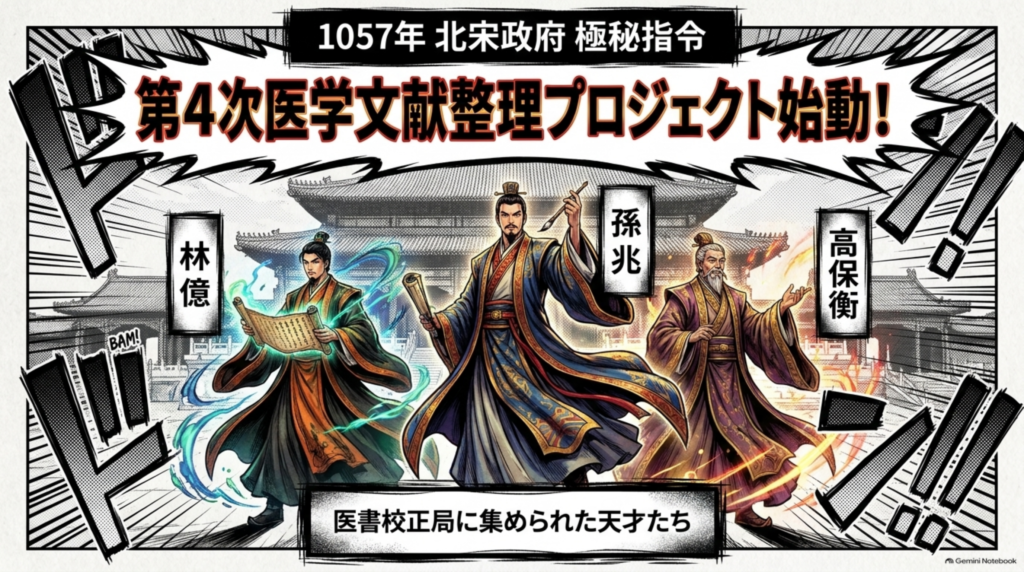 1057年、第4次医学文献整理プロジェクト始動。医書校正局に集められた林億・孫兆・高保衡