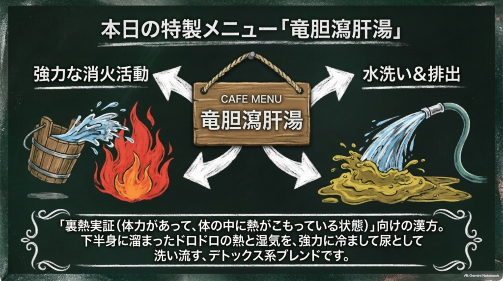 竜胆瀉肝湯の働きは「強力な消火」と「水洗い・排出」。体の中にこもった熱と湿気を冷まし、尿として洗い流します