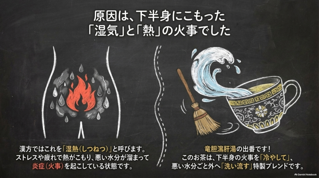 原因は下半身にこもった「湿気」と「熱」。竜胆瀉肝湯は下半身の火事を冷やし、悪い水分ごと外へ洗い流す処方です