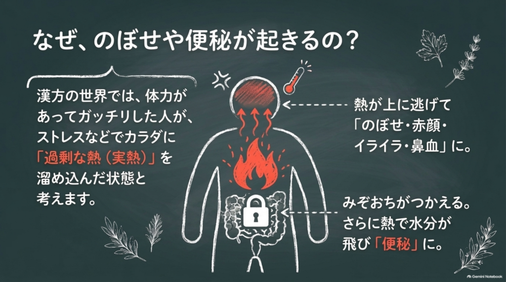 なぜのぼせや便秘が起きるの?体力のある人が過剰な熱(実熱)を溜め込み、熱が上に逃げてのぼせ・赤ら顔・イライラ・鼻血に、みぞおちがつかえて便秘に