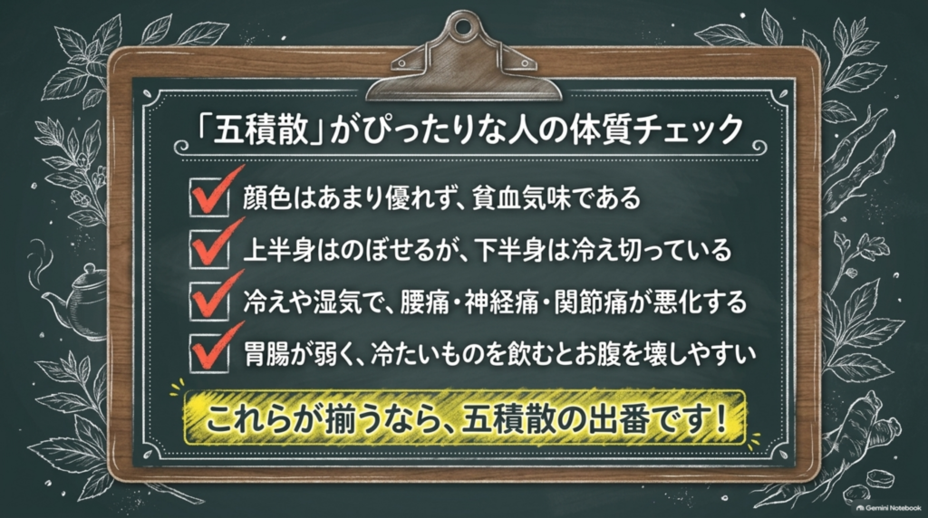 五積散がぴったりな人の体質チェック:顔色が優れない・上はのぼせ下は冷える・冷えや湿気で痛みが悪化・胃腸が弱い
