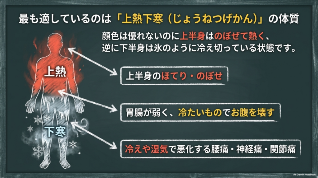 最も適しているのは上熱下寒の体質:上半身のほてり・のぼせ、胃腸が弱い、冷えや湿気で悪化する腰痛・神経痛・関節痛