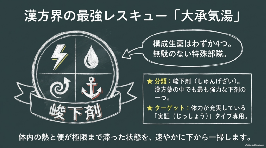 漢方界の最強レスキュー「大承気湯」。構成生薬はわずか4つ。体力が充実している「実証」タイプ専用の峻下剤