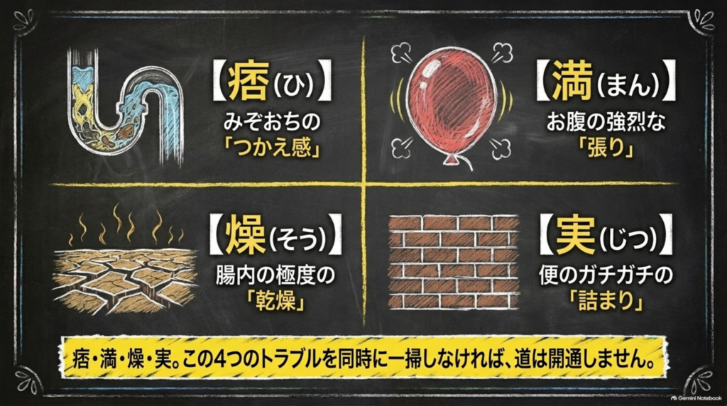 お腹の4大トラブル「痞・満・燥・実」：みぞおちのつかえ、強烈な張り、腸内の乾燥、ガチガチの便の詰まり