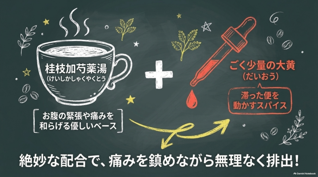 桂枝加芍薬湯(お腹の緊張や痛みを和らげる優しいベース)+ごく少量の大黄(滞った便を動かす)。絶妙な配合で痛みを鎮めながら無理なく排出