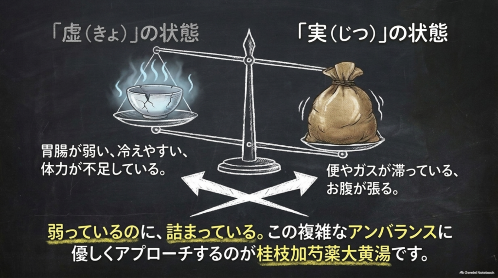 「虚」の状態(胃腸が弱い、冷えやすい、体力不足)と「実」の状態(便やガスが滞りお腹が張る)。弱っているのに詰まっている複雑なアンバランス