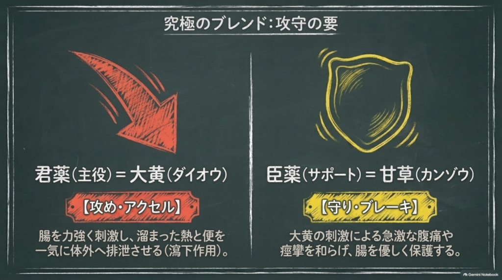 究極のブレンド：君薬（主役）＝大黄は攻め・アクセル、臣薬（サポート）＝甘草は守り・ブレーキ