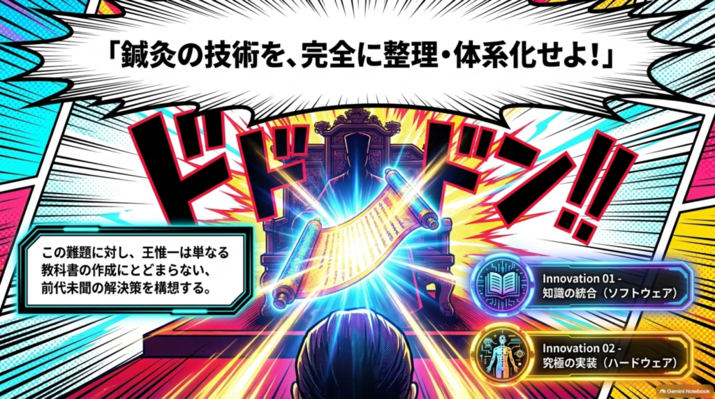 「鍼灸の技術を完全に整理・体系化せよ」。王惟一は知識の統合と究極の実装という前代未聞の解決策を構想する